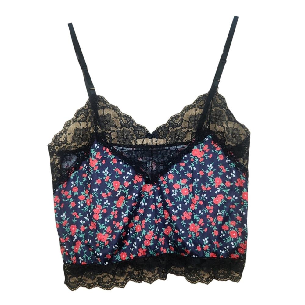 Vtg Dark Floral Lace Trim Cami Medium Black Red Flowers Whimsy Goth Retro Pinup
